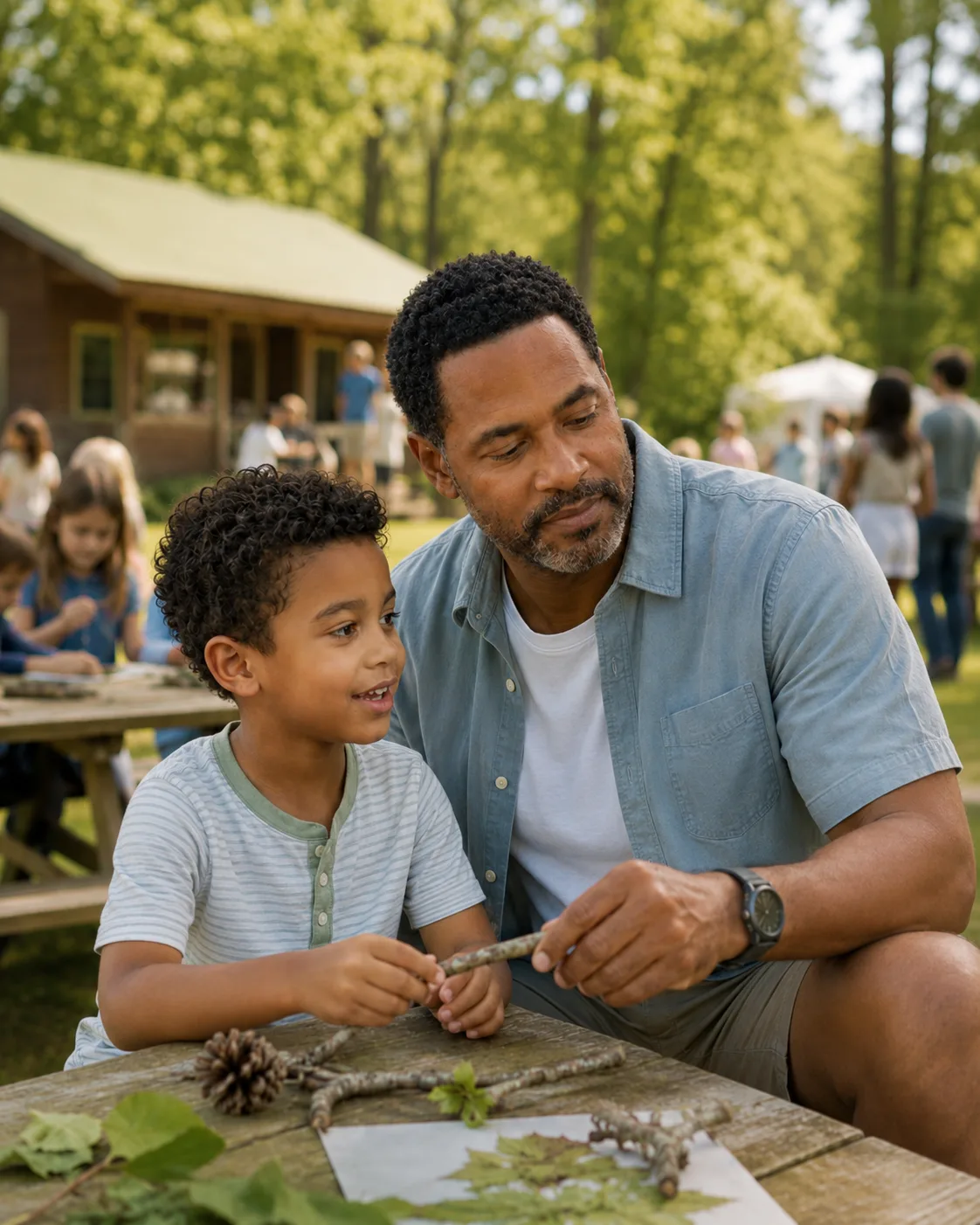 Father and son sitting together outdoors at a weekly activity