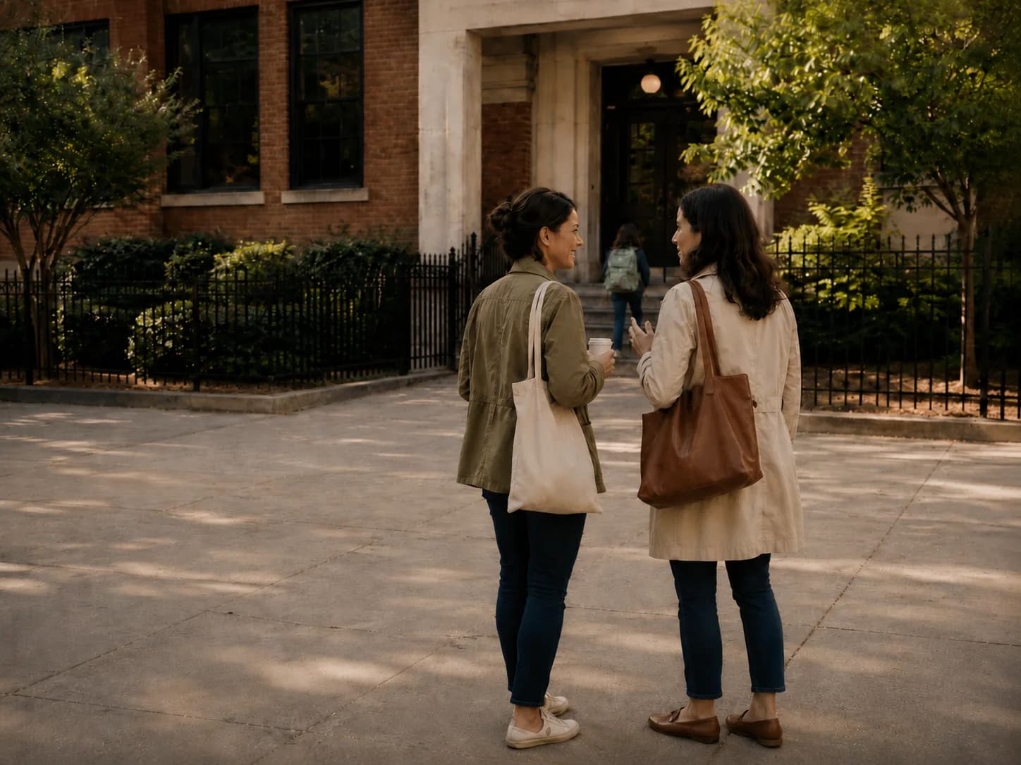 Two parents talking outside school pickup